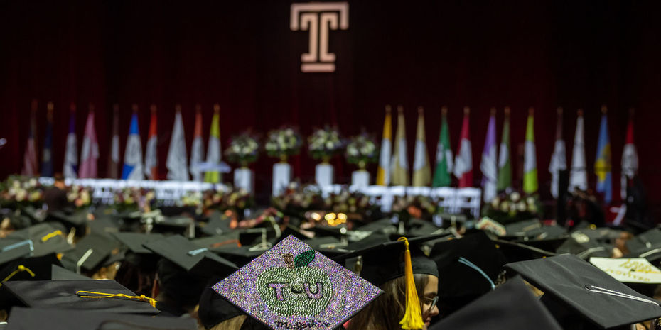 Grad caps at Commencement in the Liacouras Center