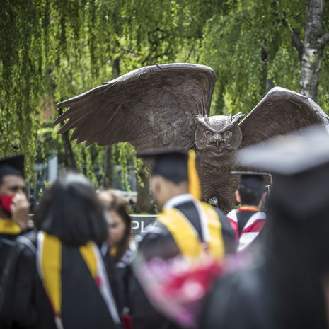 Graduates in front of Owl statue