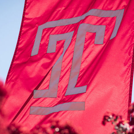 Temple flag flying above flowers
