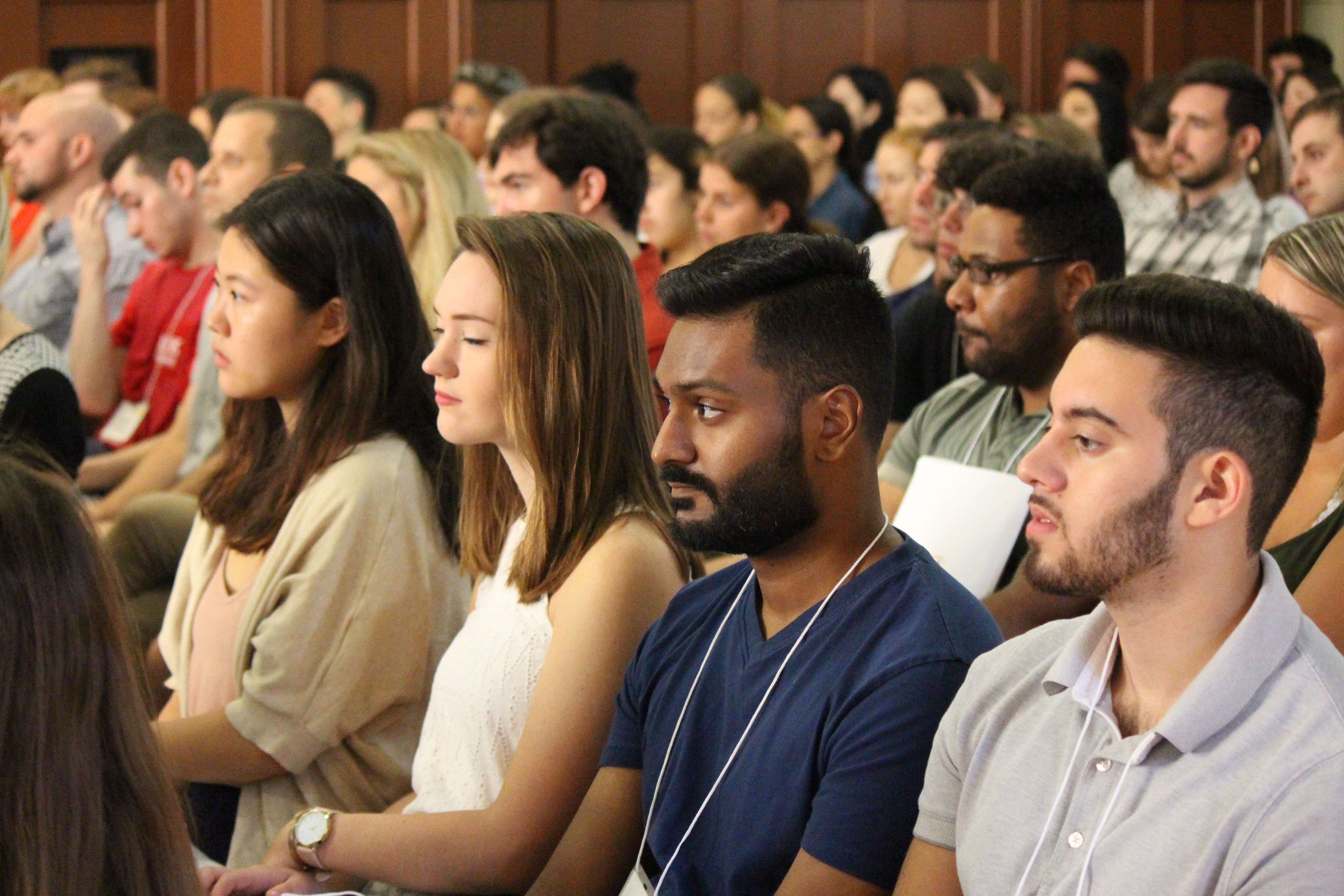 Students at the Temple Law New Student Orientation in August of 2018 in Shusterman Hall.