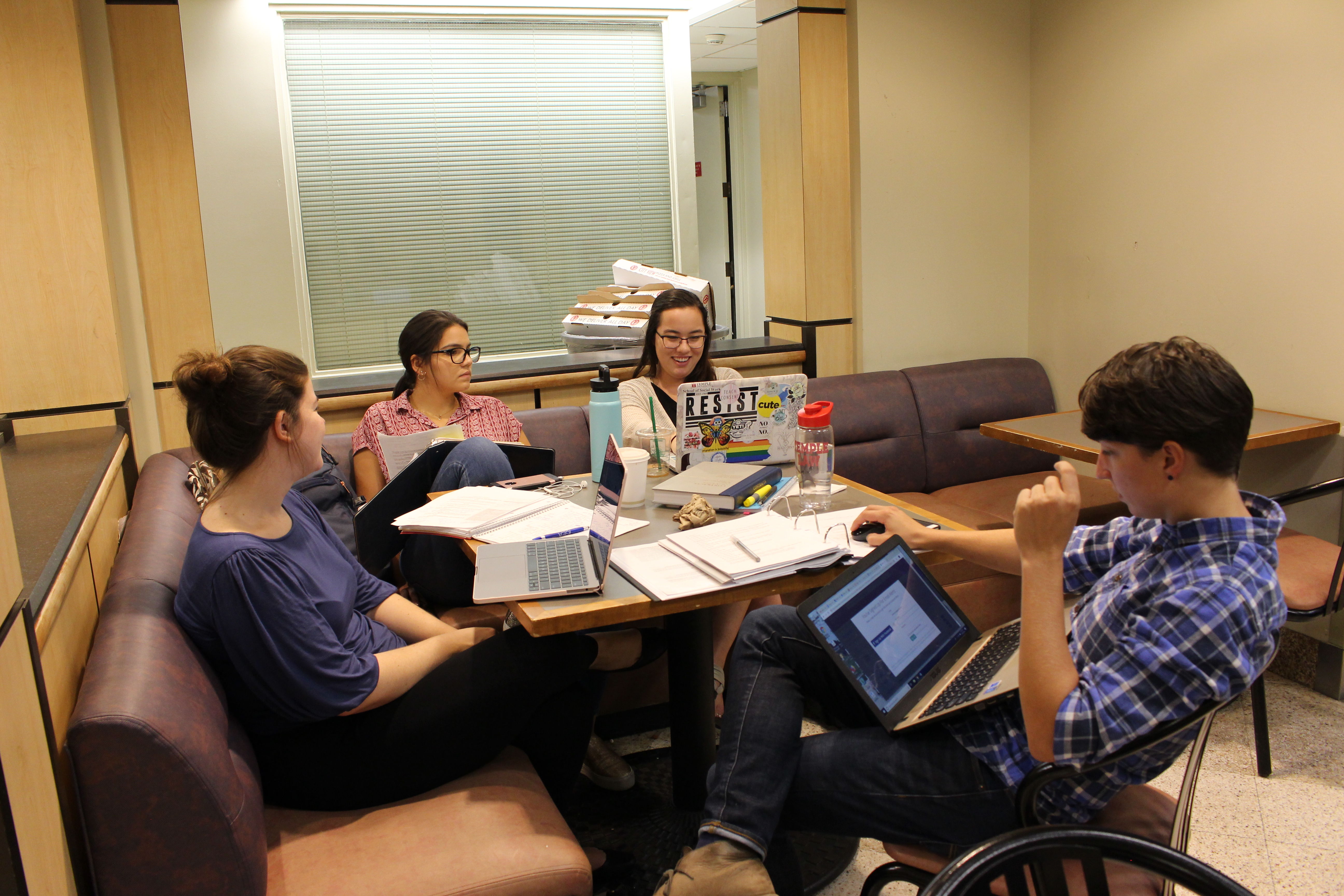 Temple Law students preparing for Introduction to Transactional Skills in October of 2018 in the Klein Hall cafe.