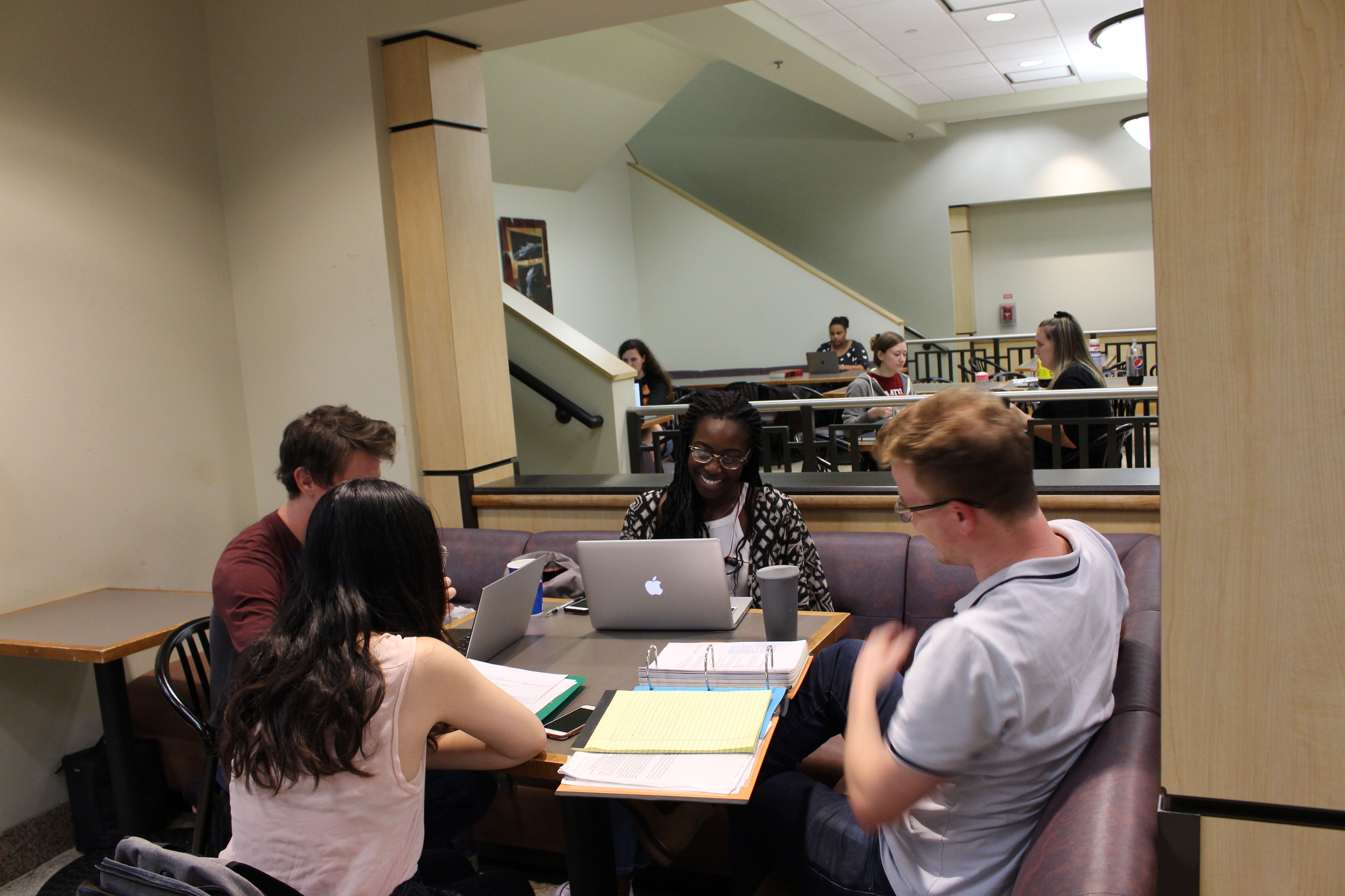 Temple Law students preparing for Introduction to Transactional Skills in October of 2018 in the Klein Hall cafe.