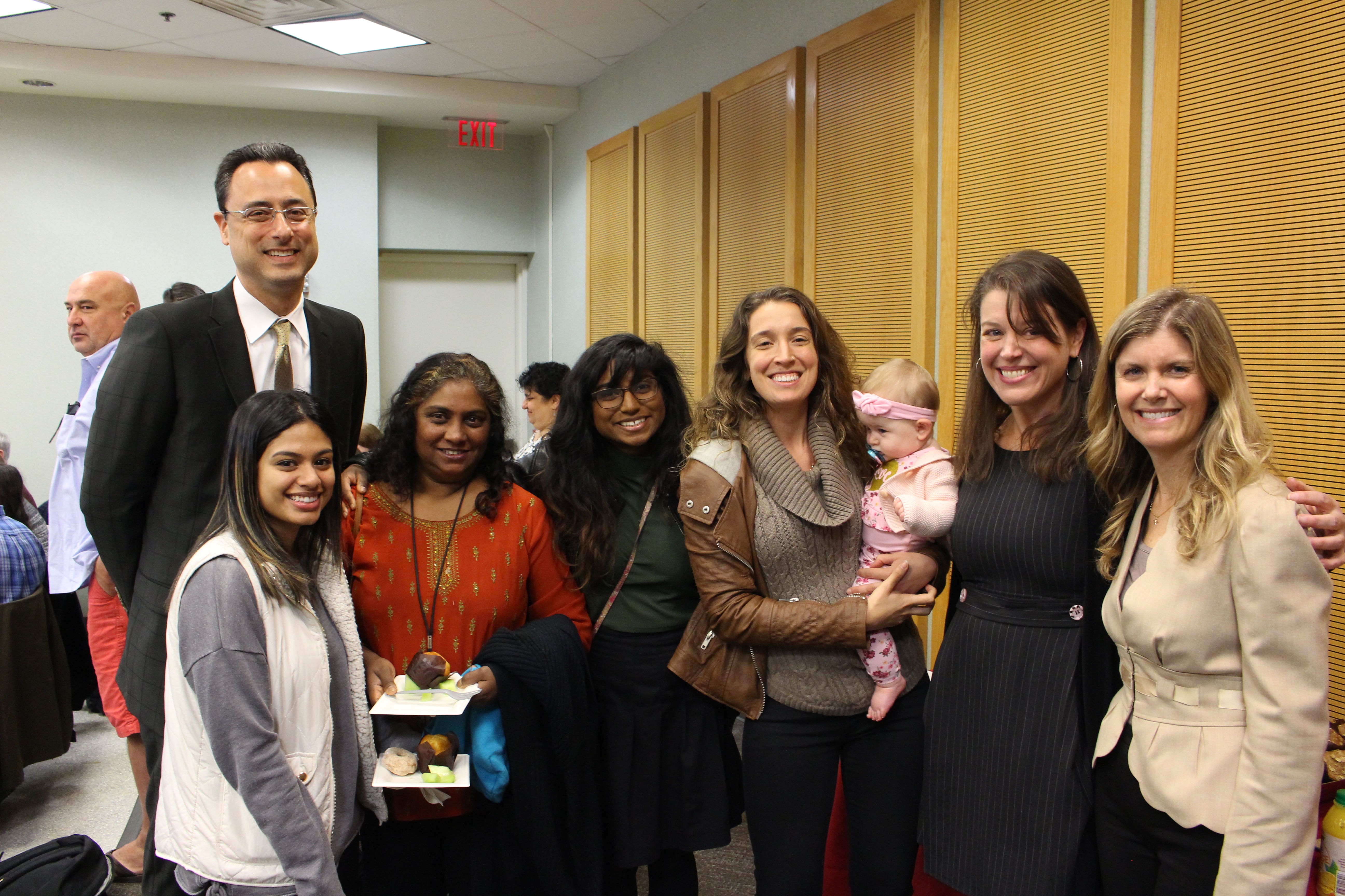 Dean Gregory N. Mandel, Professor Kristen Murray, Professor Margaret deGuzman, students, and guests at Friends and Family Day in October of 2018 in Klein Hall at Temple Law
